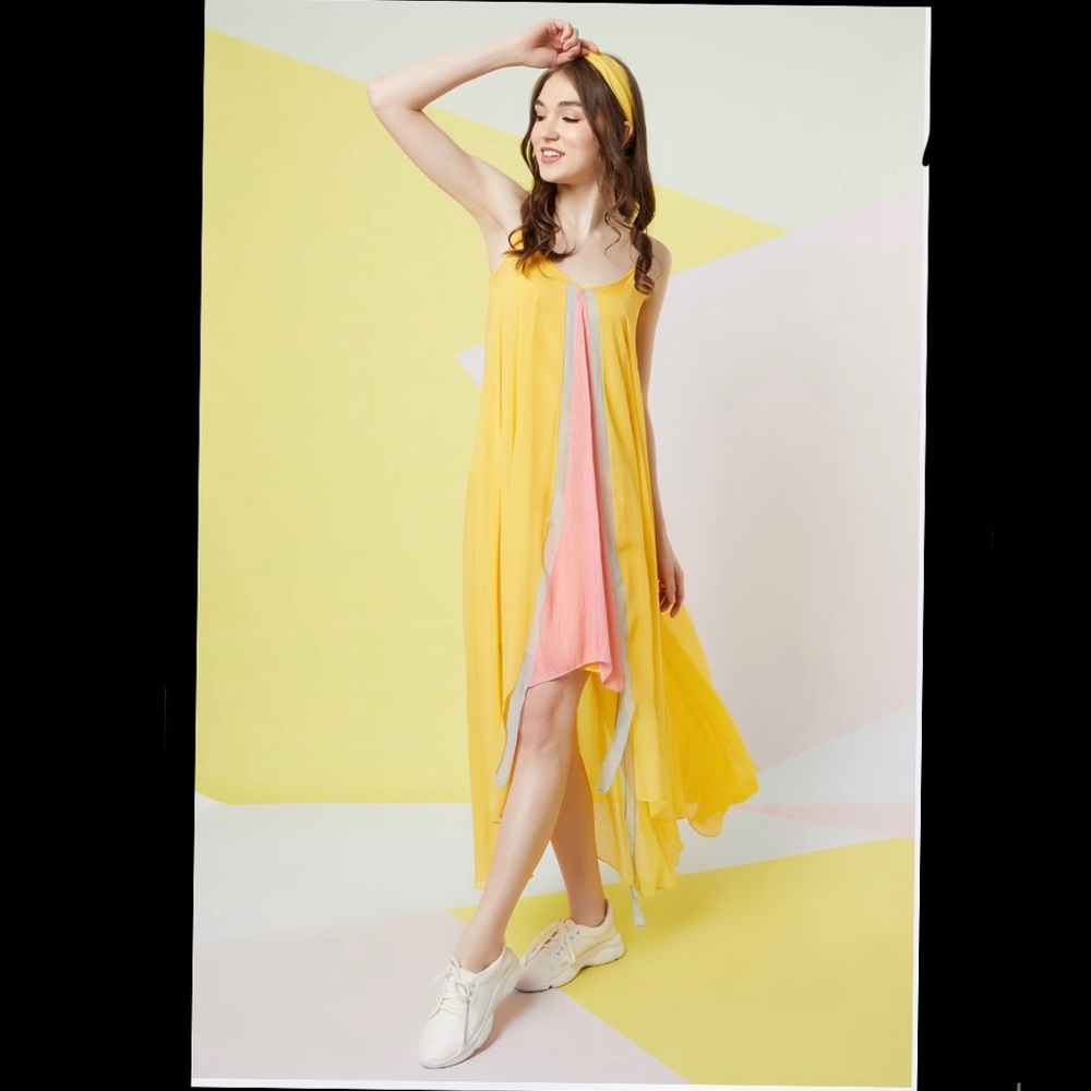 Flowey slip dress in yellow with prestitched slip